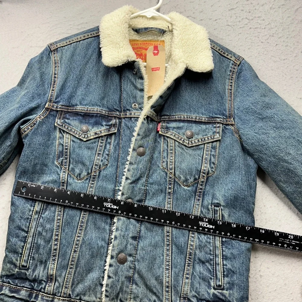 Levis Sherpa Lined Denim Trucker Jacket Blue Faux Fur XS 16365-0041 NEW